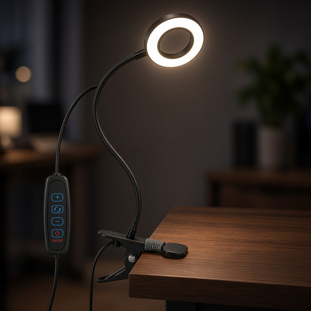 Black clip-on ring desk lamp lit warm on a dark wooden desk at night, gooseneck raised and padded clip on the edge